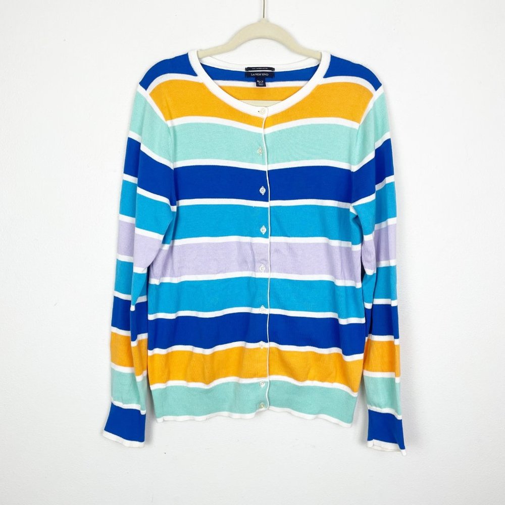 Lands'‎ End Women's M TALL Purple Orange Striped Button Up Cotton Cardigan